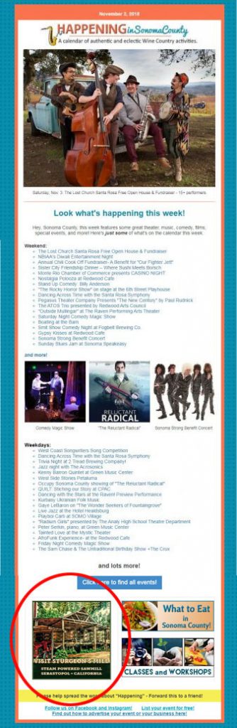 Newsletter ad Happening in Sonoma County