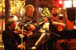Jazz Gathering at Fern Bar features Joe Yamamoto violin, Dave Bell guitar, and Michael Price bass.