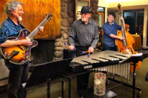 Jazz Gathering at Fern Bar feat. Pete Lind vibes, Dave Bell guitar, and Michael Price bass.